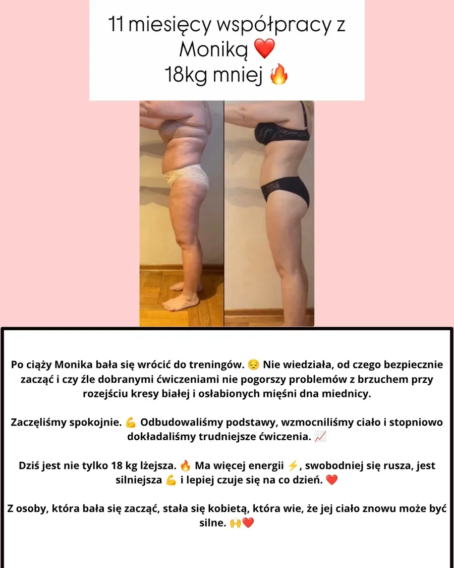 Zestawienie zdjęć przed i po z opisem: 11 miesięcy współpracy, 18 kg mniej