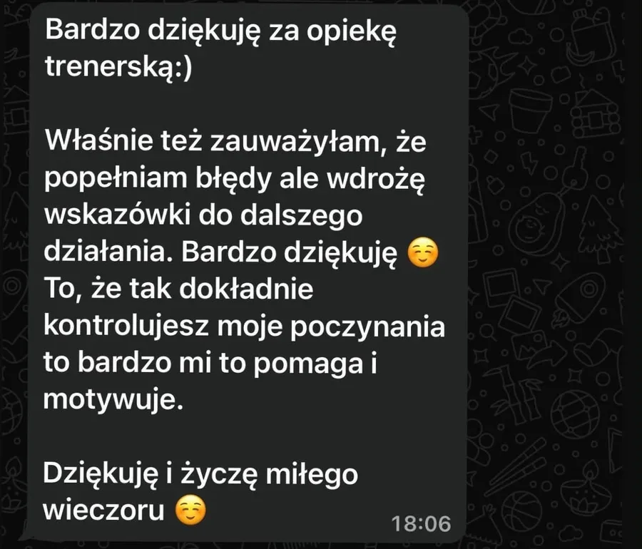 Wiadomość z podziękowaniem za opiekę trenerską